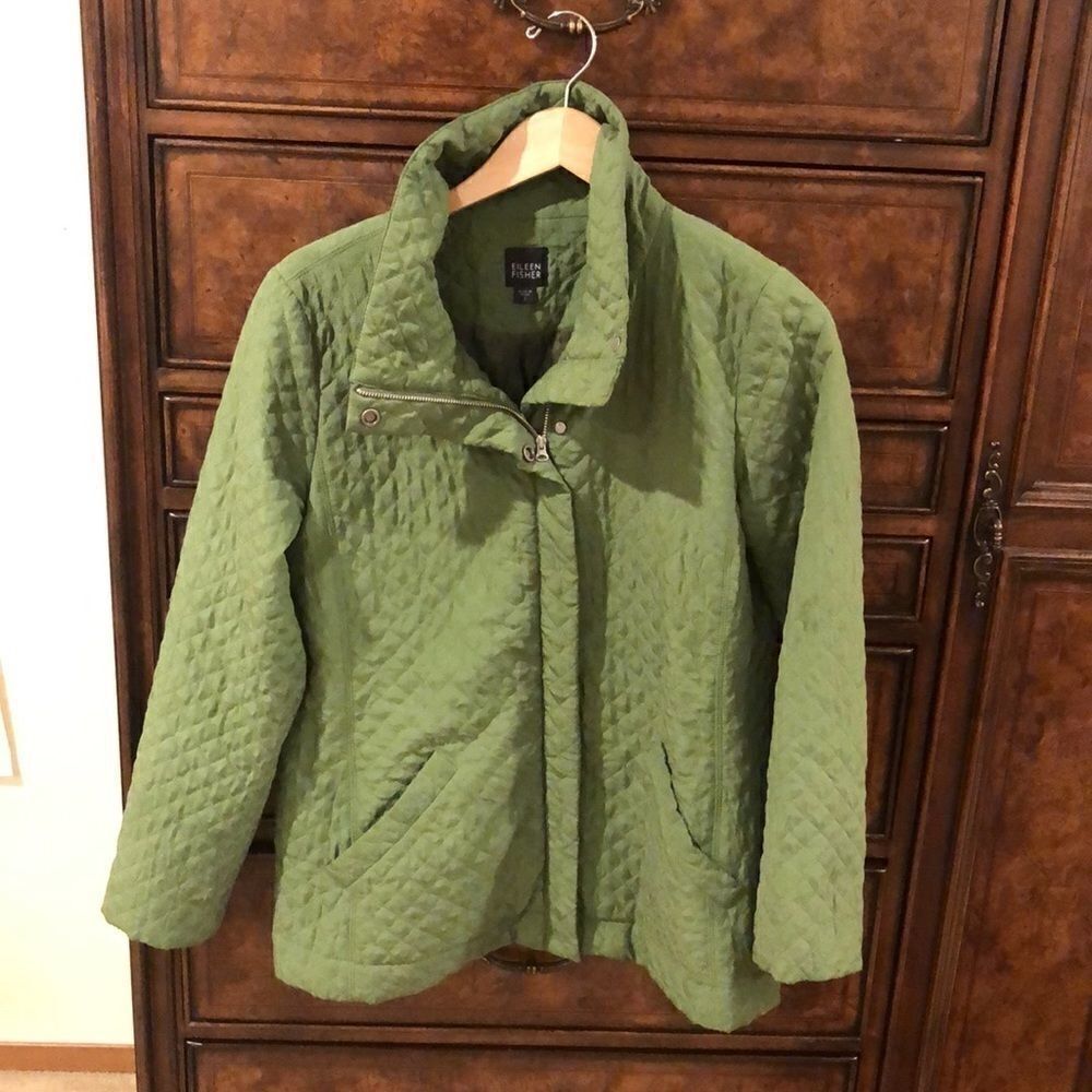 Eileen Fisher green silk zip up jacket - Picture 2 of 9